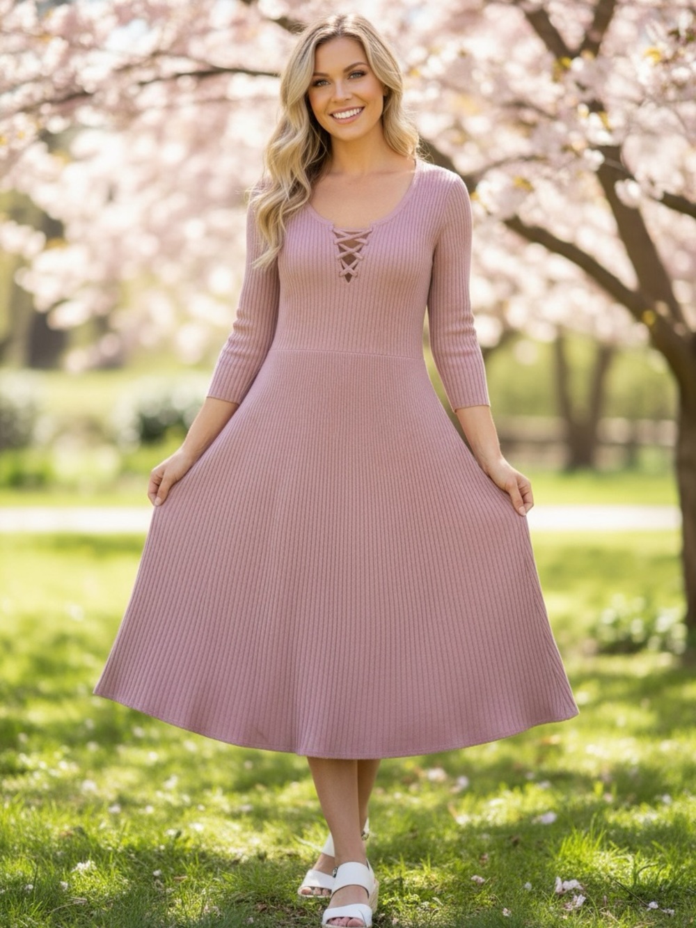 NWT Cato Mauve Lace-Up Ribbed Midi Dress Size 22/24